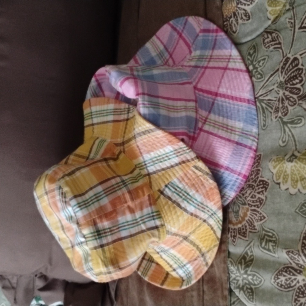 Plaid/Solid Bucket Hat Set - Pink and Orange